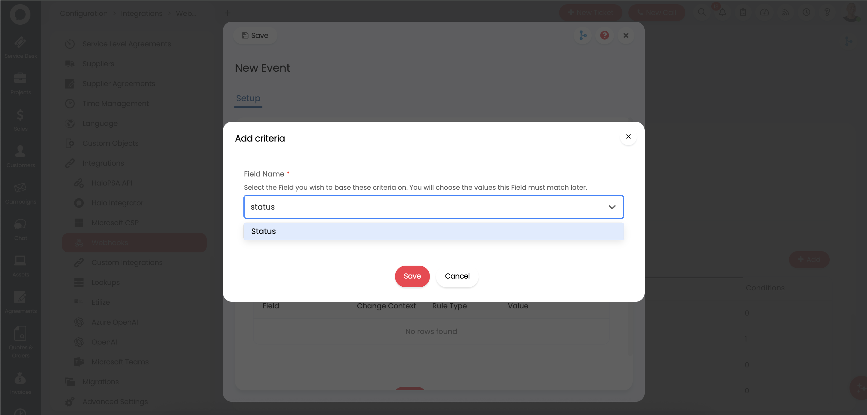 Adding criteria dialog showing Status field selection