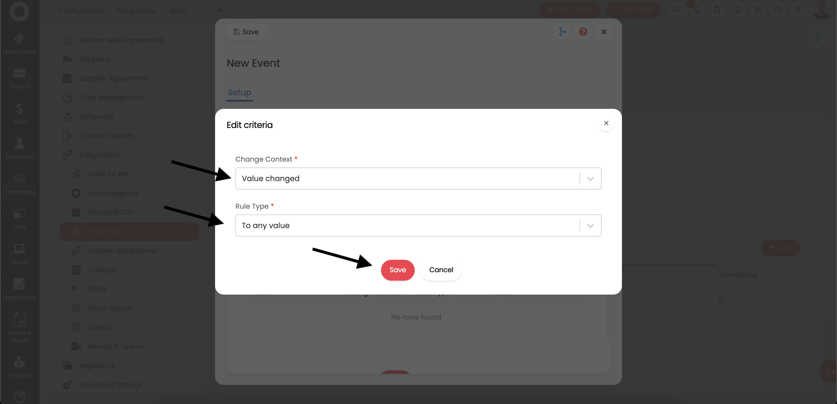 Edit criteria dialog showing Change Context and Rule Type settings