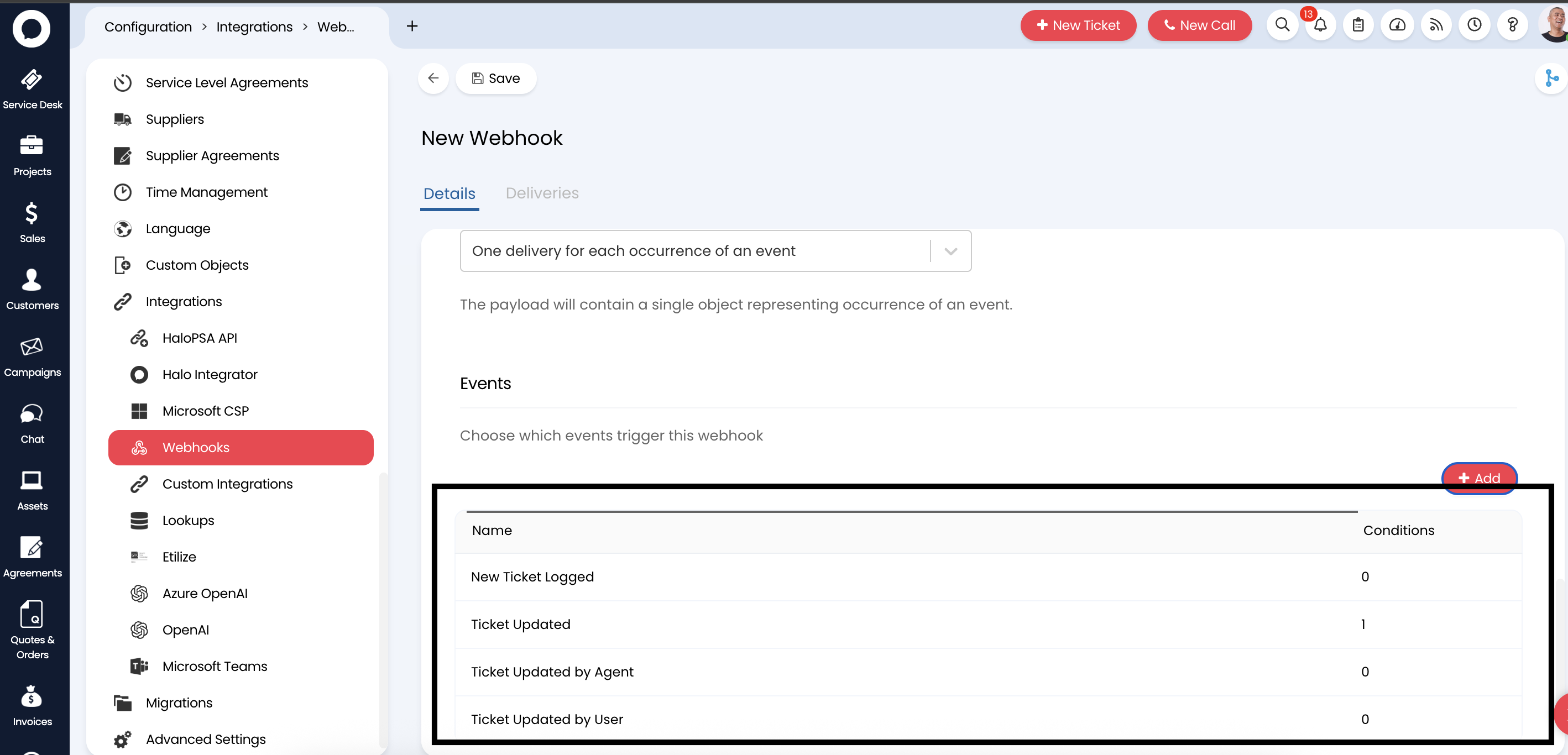 Complete webhook configuration showing all events: New Ticket Logged, Ticket Updated, Ticket Updated by Agent, and Ticket Updated by User