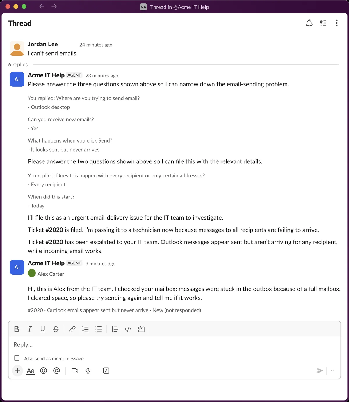 A Slack thread with the branded app: the end user reports that email won't send, answers the agent's questions, the agent files and escalates ticket #2020, and a technician's reply from the PSA appears in the same thread under the technician's name with a footer line showing the ticket number, title and status