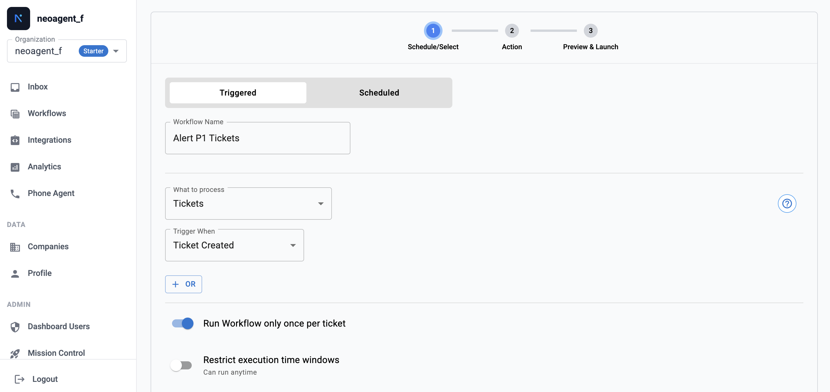 Creating a triggered workflow named Alert P1 Tickets
