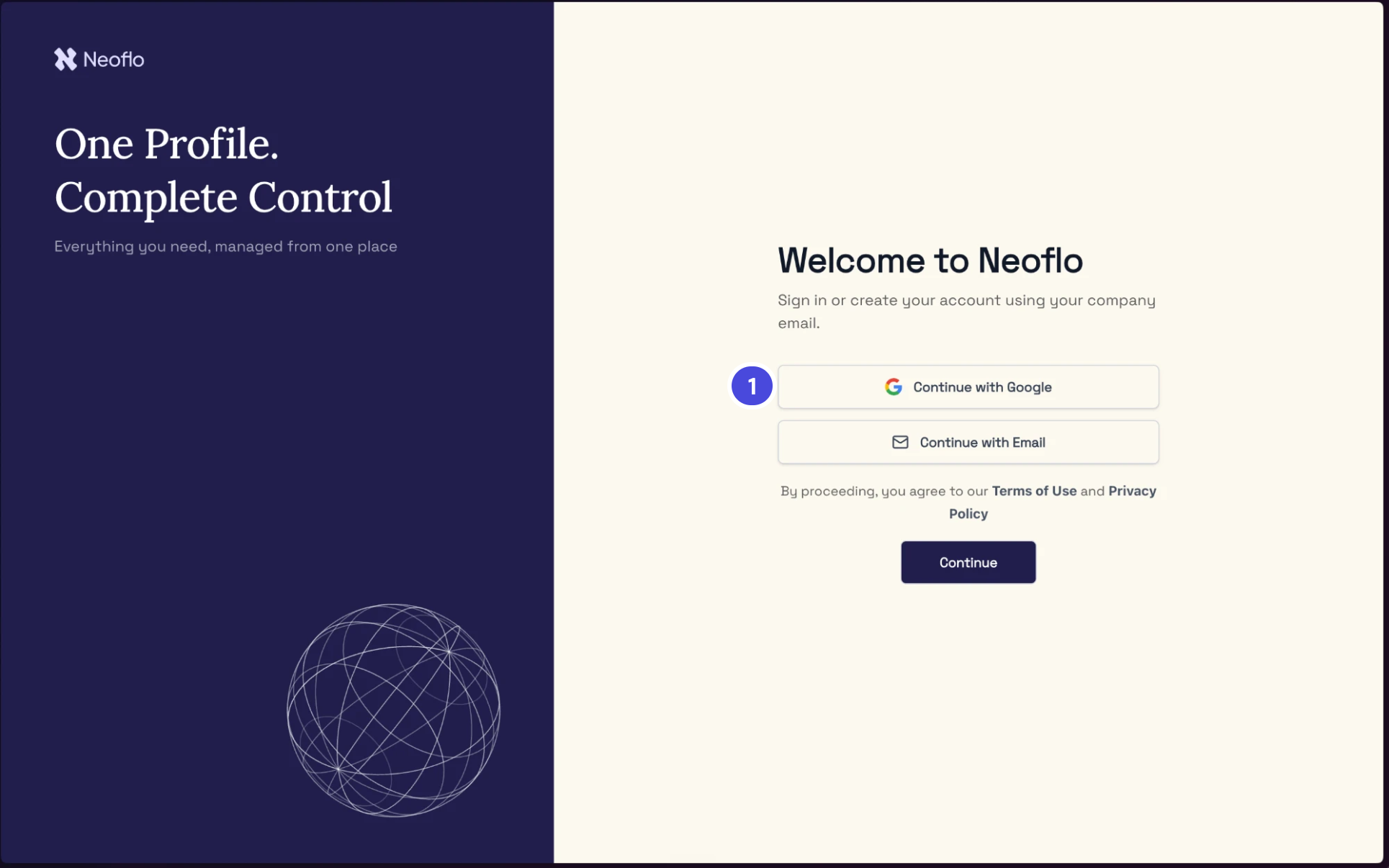 The Welcome to Neoflo page with Continue with Google, Continue with Email and Continue buttons