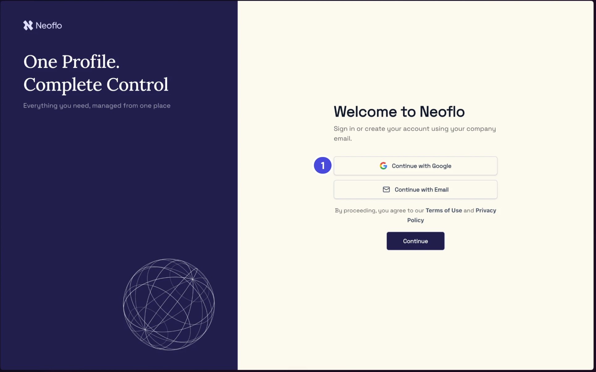 The Welcome to Neoflo page with Continue with Google, Continue with Email and Continue buttons