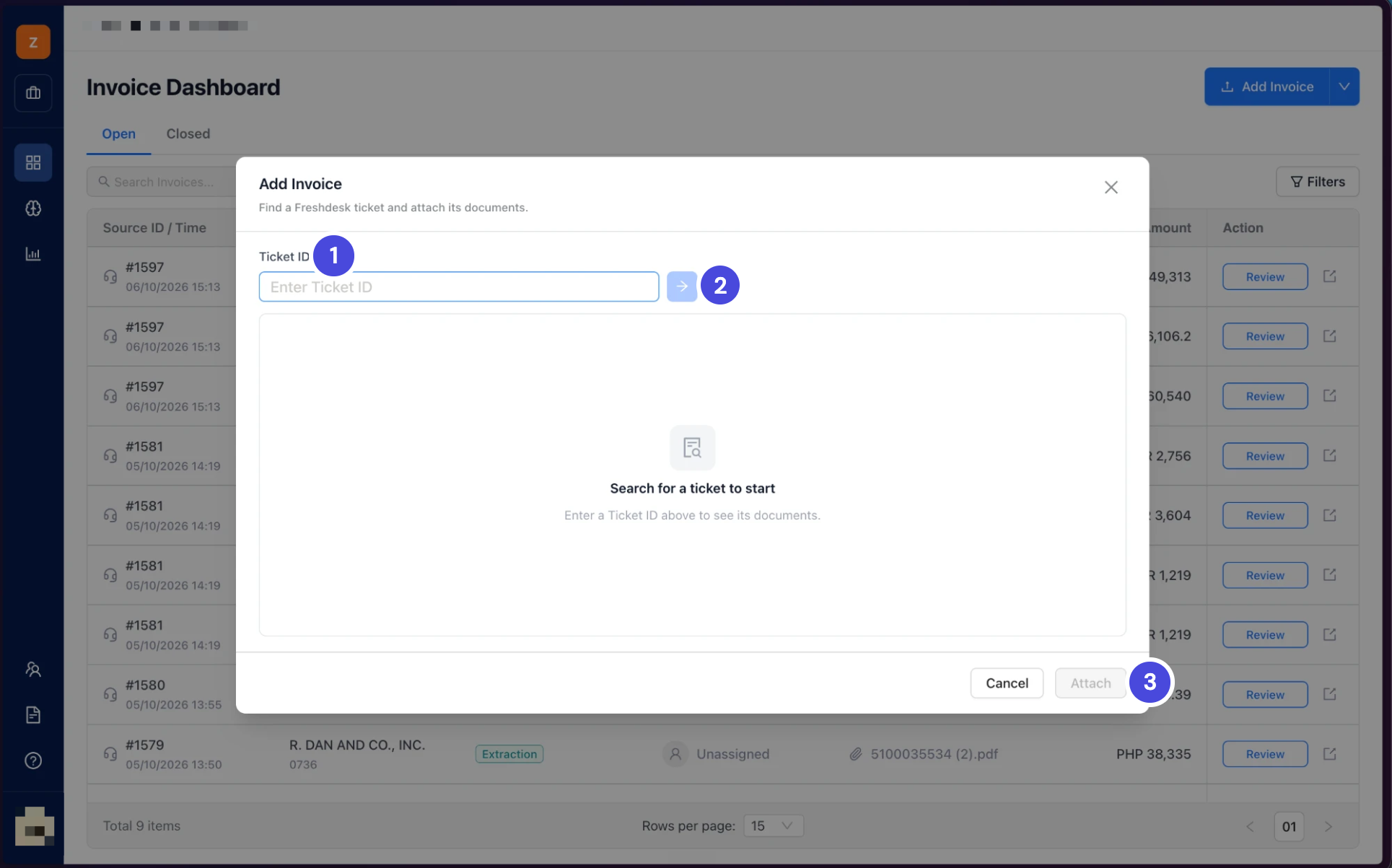 The Add Invoice dialog, with a Ticket ID field, a search arrow, and Cancel and Attach buttons