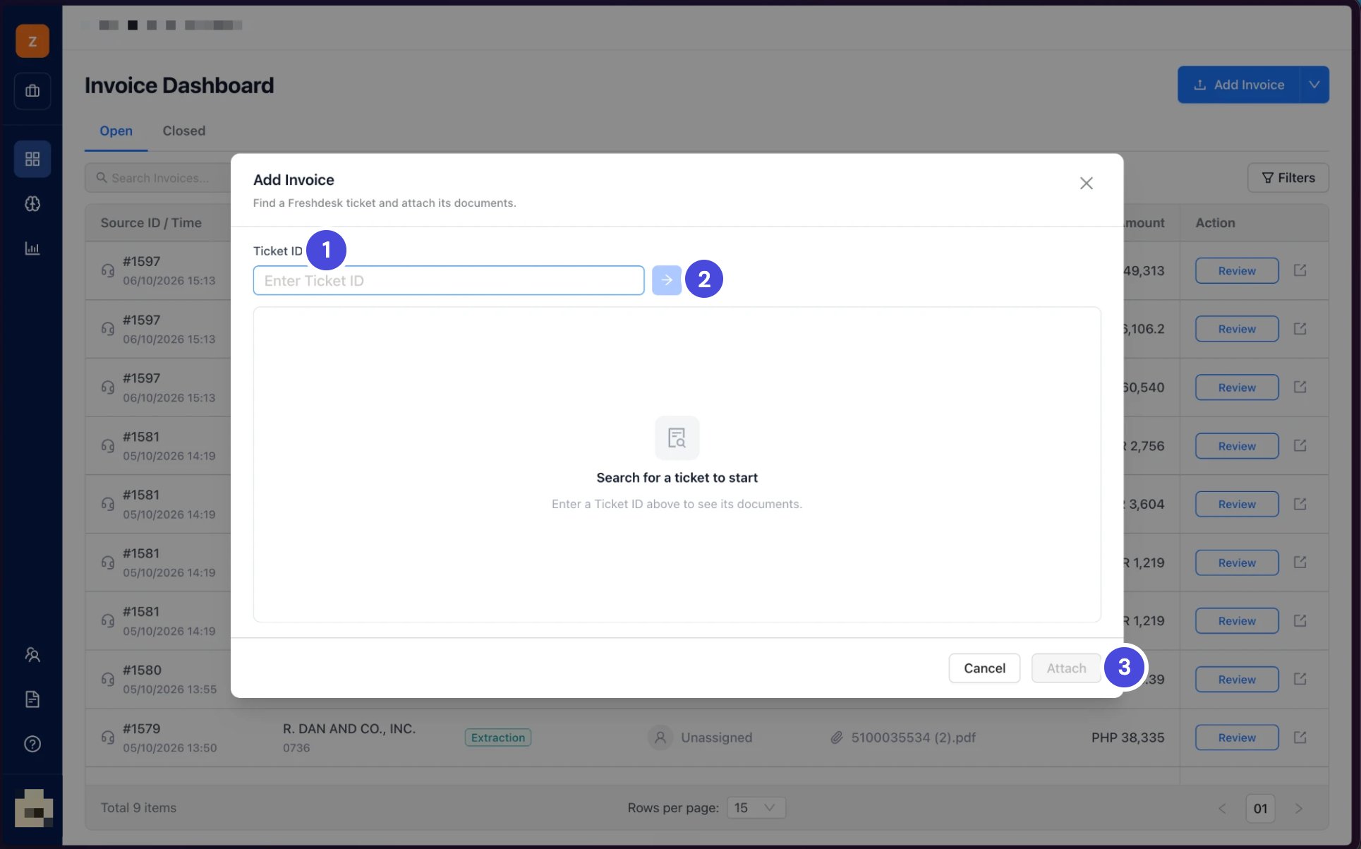 The Add Invoice dialog, with a Ticket ID field, a search arrow, and Cancel and Attach buttons