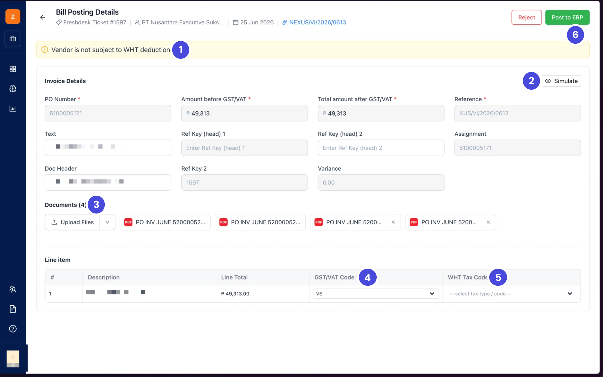 The Bill Posting Details screen with a WHT banner, the posting fields, a Documents row, the line item tax codes, and Reject and Post to ERP buttons