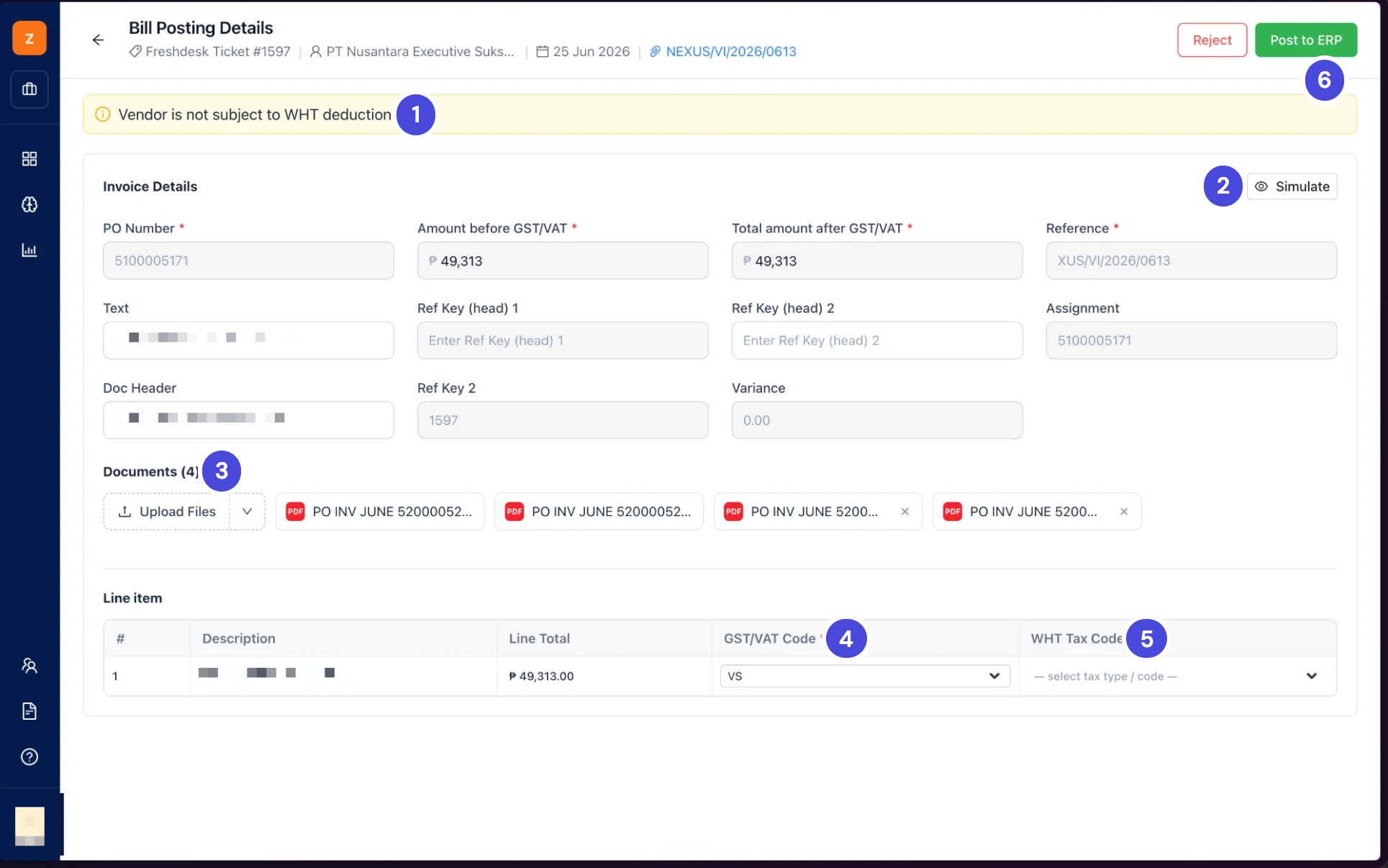 The Bill Posting Details screen with a WHT banner, the posting fields, a Documents row, the line item tax codes, and Reject and Post to ERP buttons