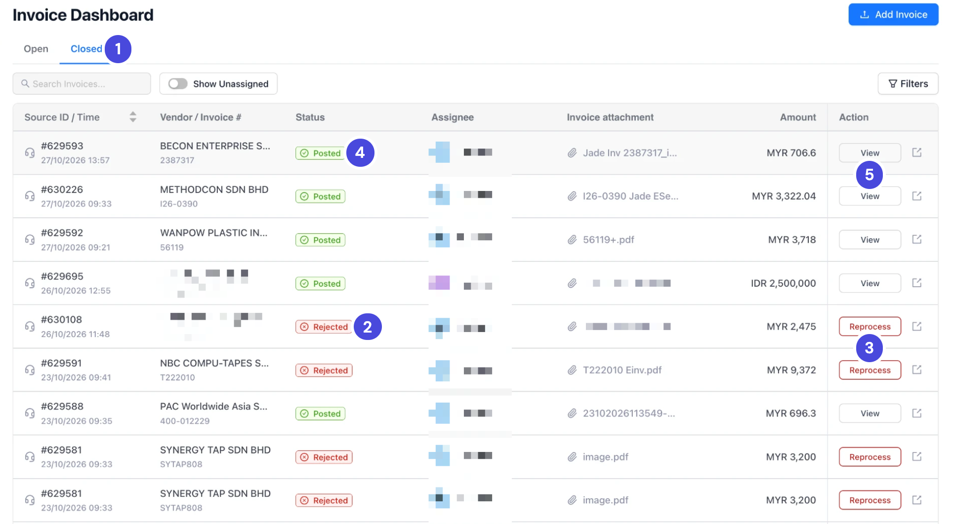 The Closed tab of the Invoice Dashboard. Posted invoices have a View button and rejected invoices have a red Reprocess button