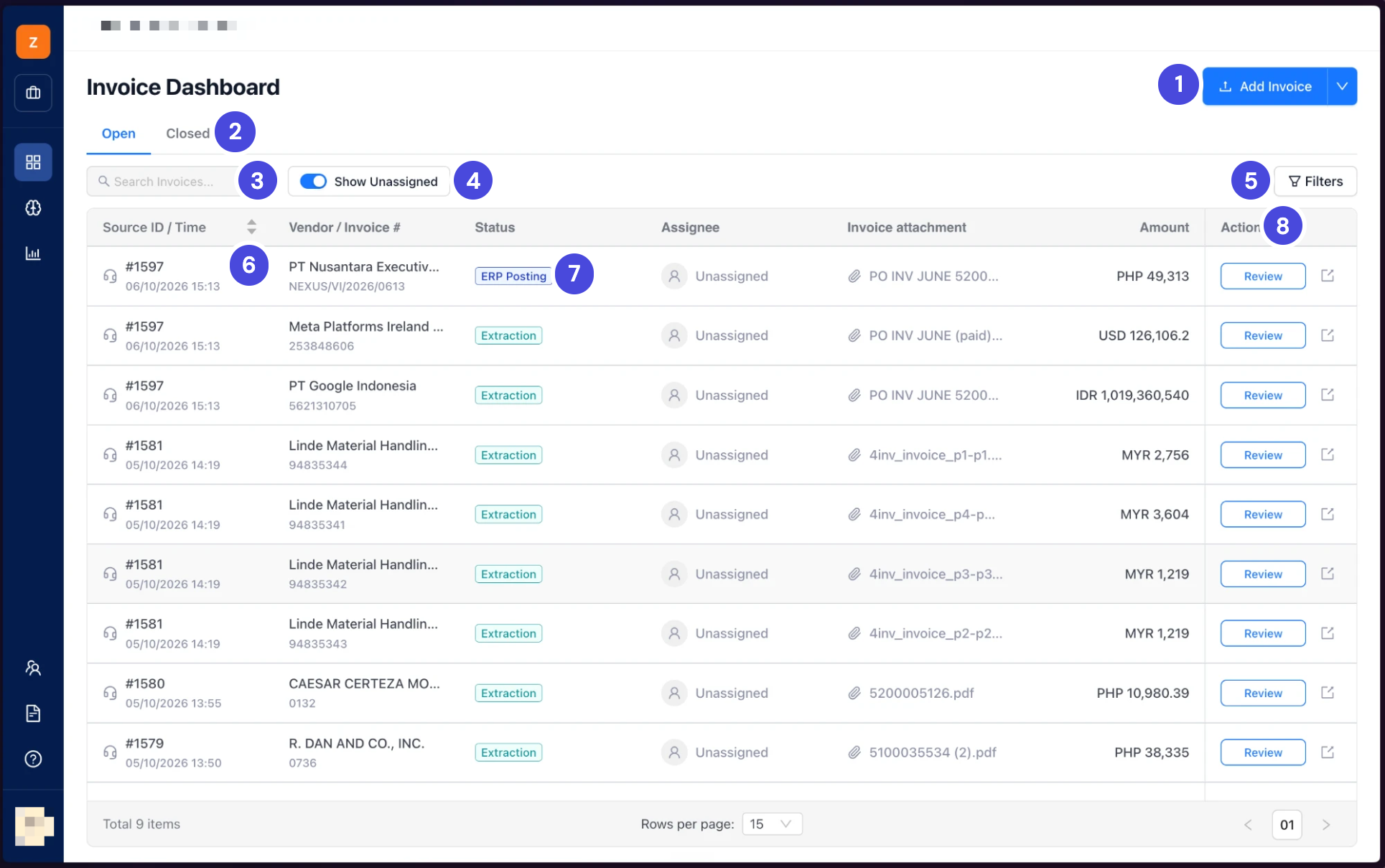 The Invoice Dashboard with the Open tab selected, a search box, the Show Unassigned toggle, Filters, and a table of invoices
