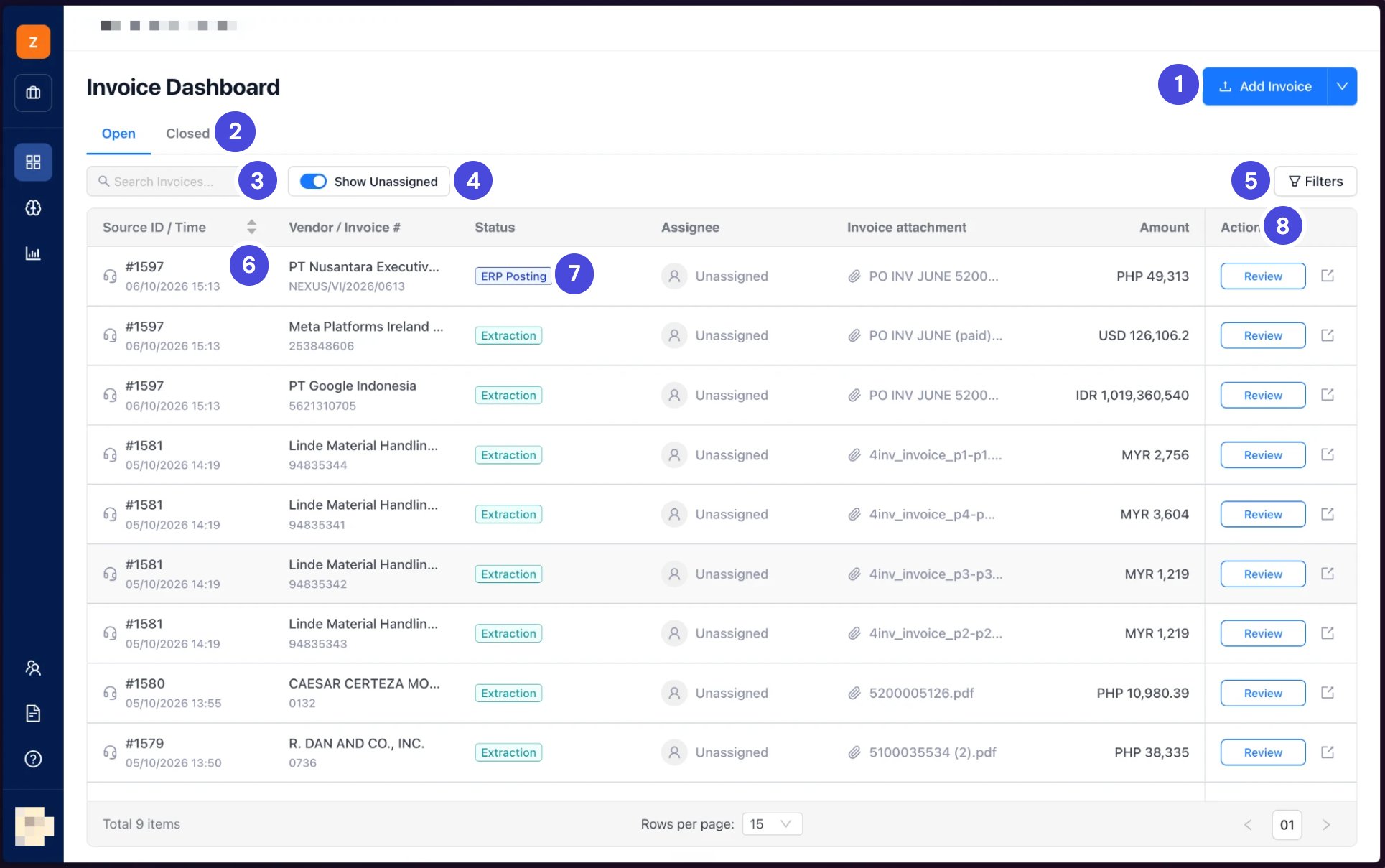 The Invoice Dashboard with the Open tab selected, a search box, the Show Unassigned toggle, Filters, and a table of invoices