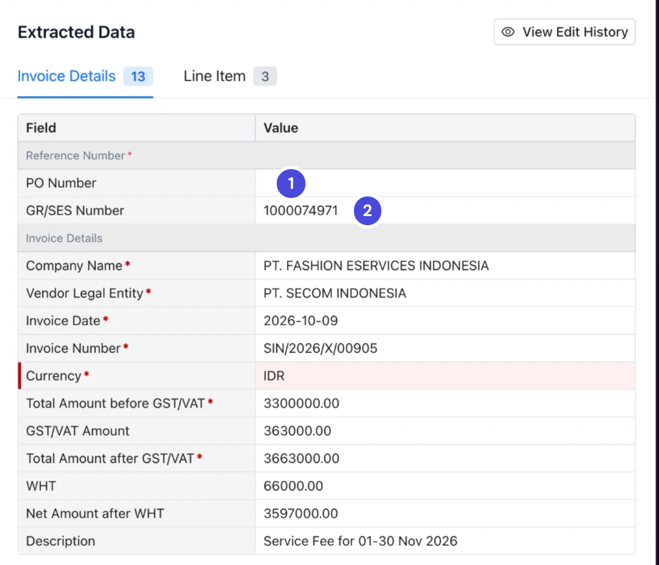 The Extracted Data panel for a 52 series invoice. PO Number is empty and GR/SES Number holds the SES number