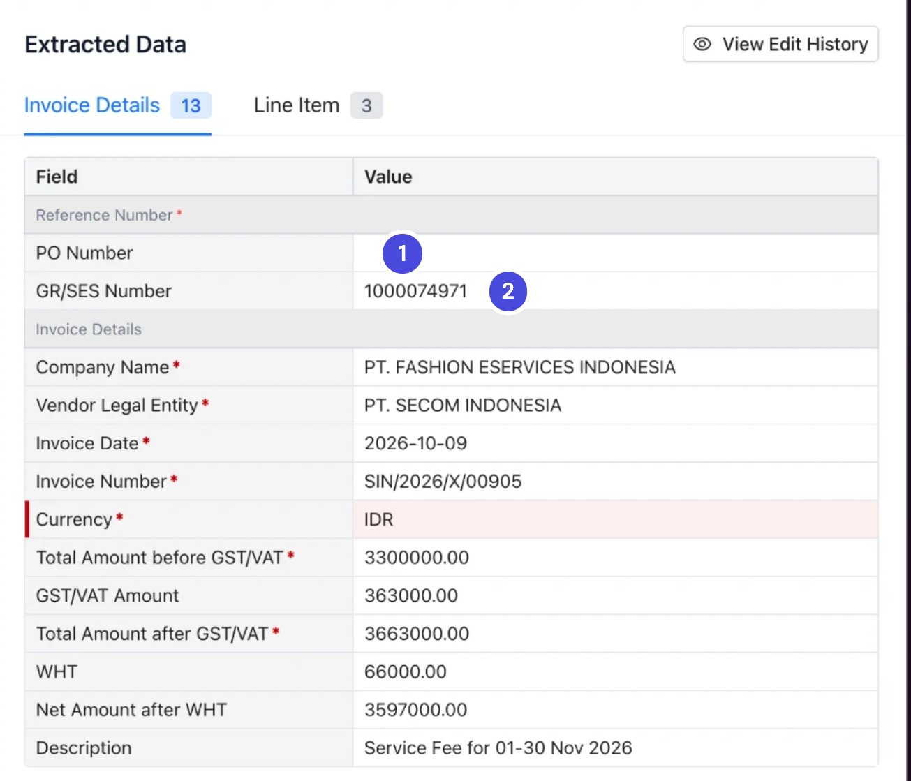 The Extracted Data panel for a 52 series invoice. PO Number is empty and GR/SES Number holds the SES number