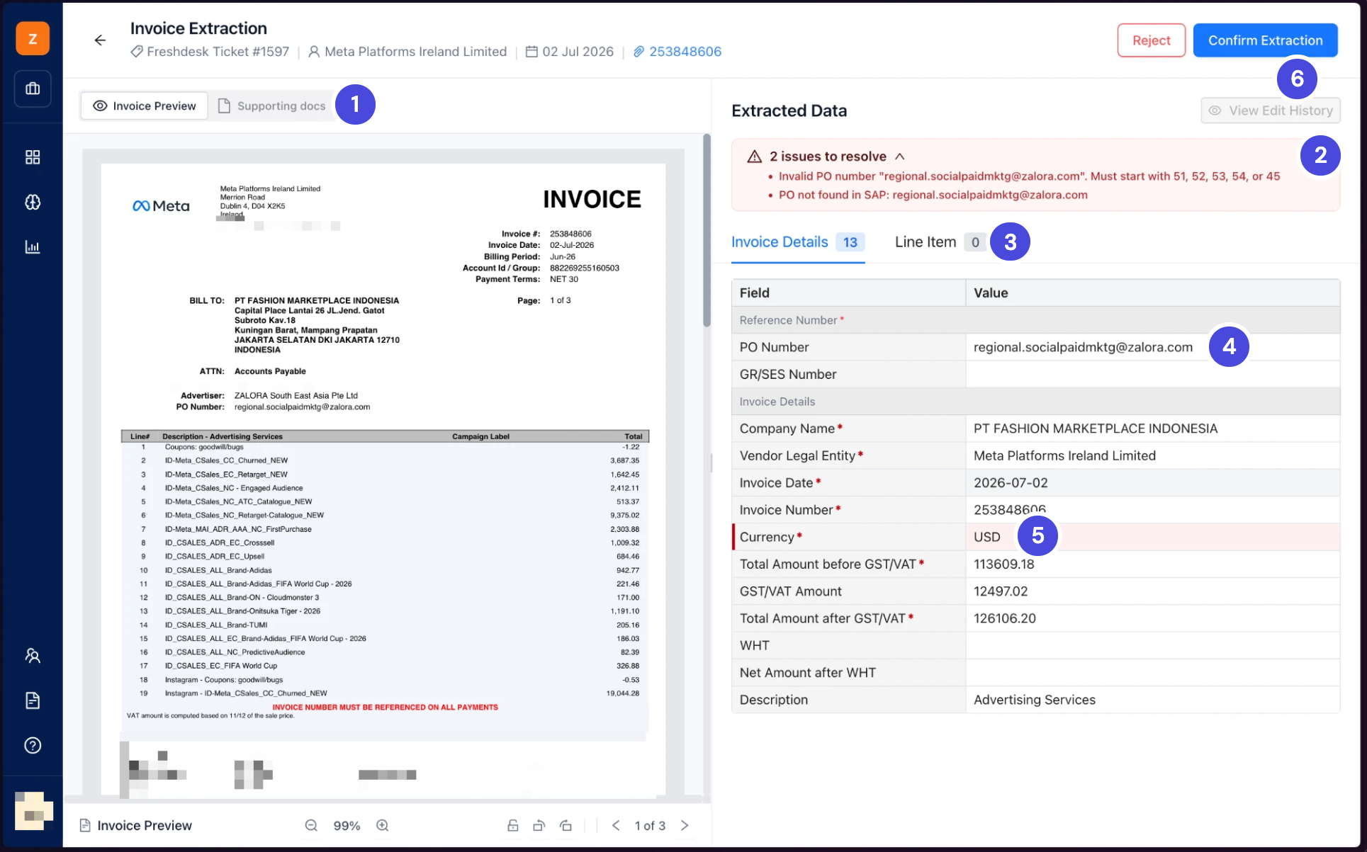 The Invoice Extraction screen. The invoice is on the left and the Extracted Data panel on the right, with an issues banner and a highlighted Currency field