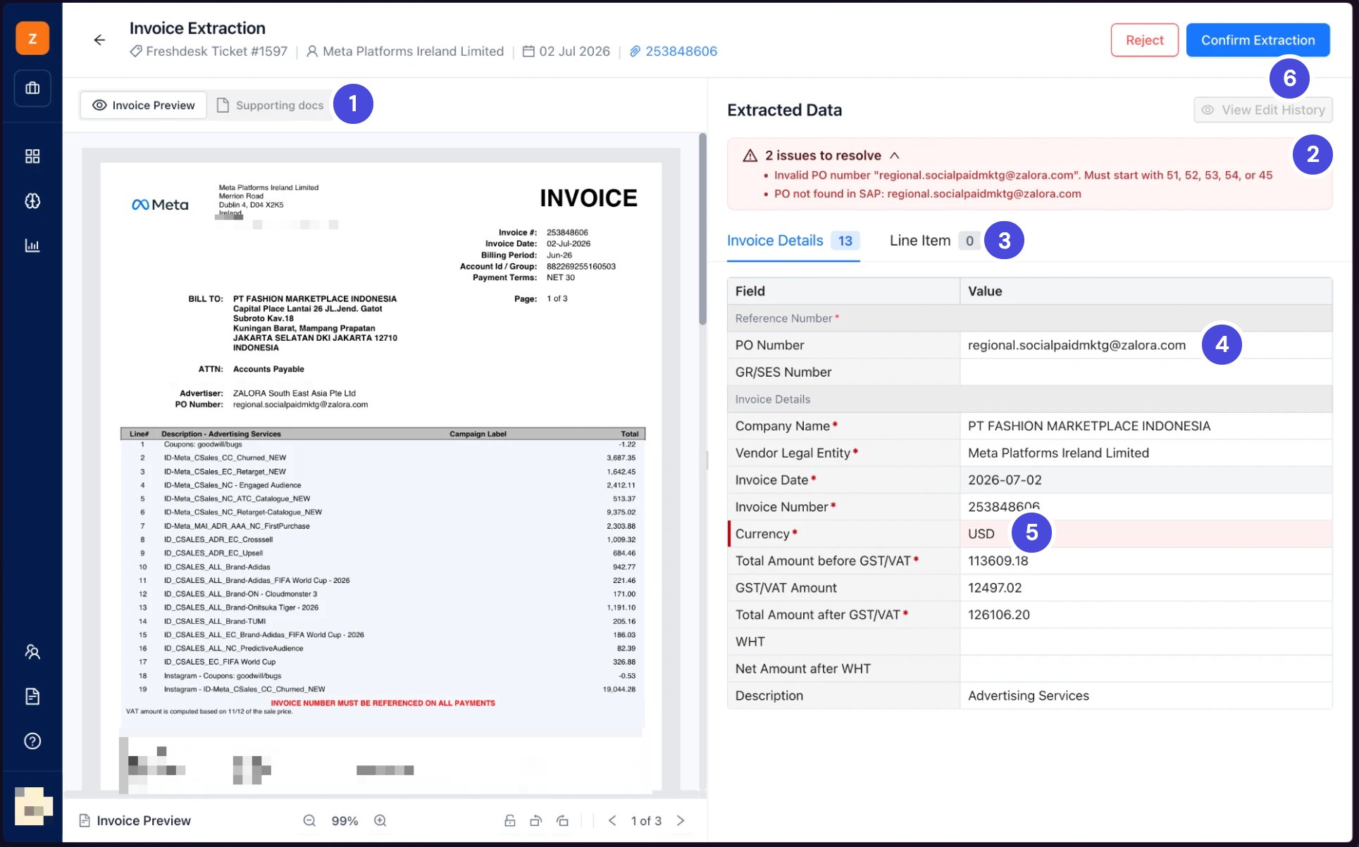 The Invoice Extraction screen. The invoice is on the left and the Extracted Data panel on the right, with an issues banner and a highlighted Currency field