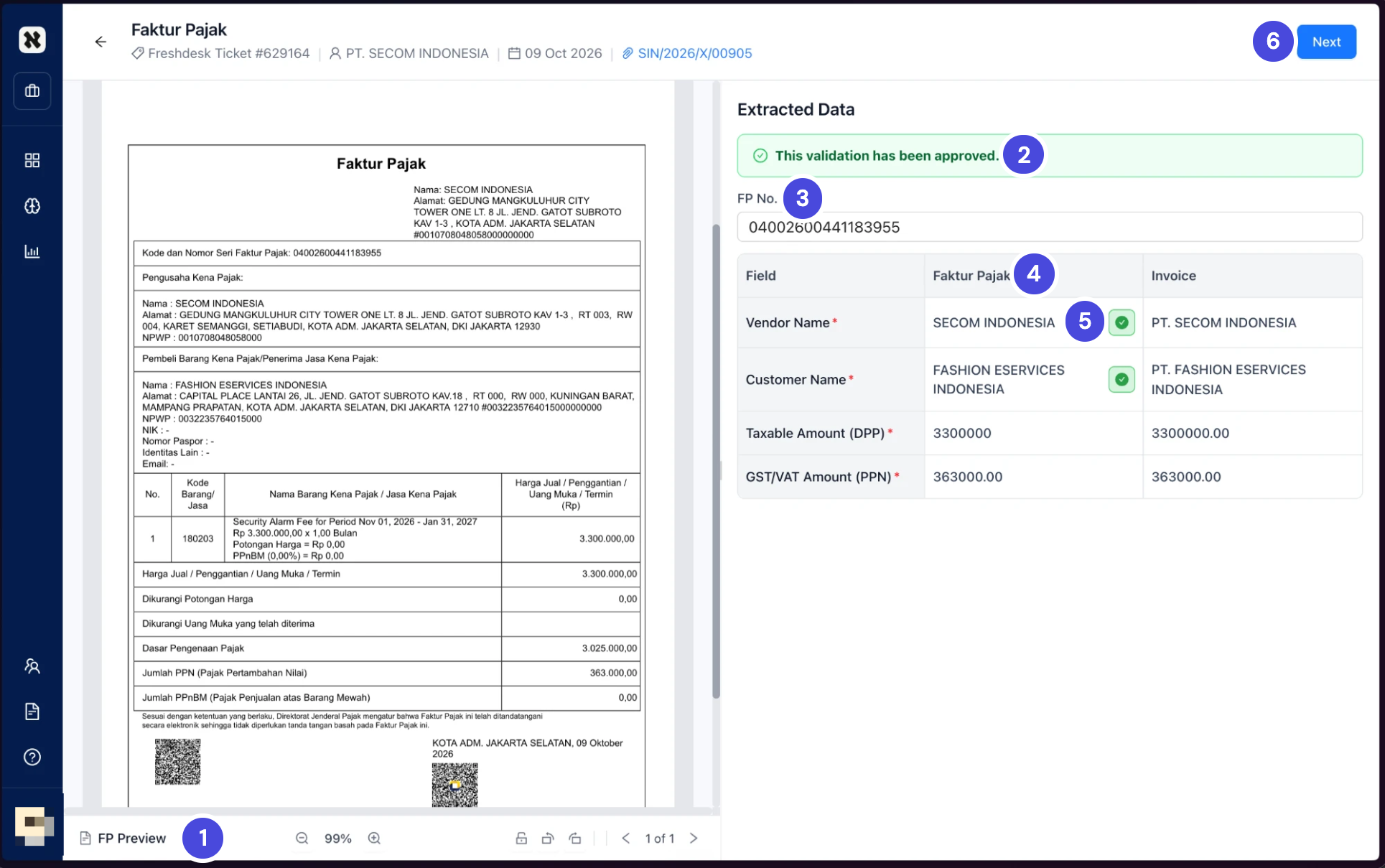 The Faktur Pajak screen. The Faktur Pajak document is on the left. On the right, an approved banner, the FP No. field, and a table comparing four fields on the Faktur Pajak and the invoice, with check marks on the two name rows