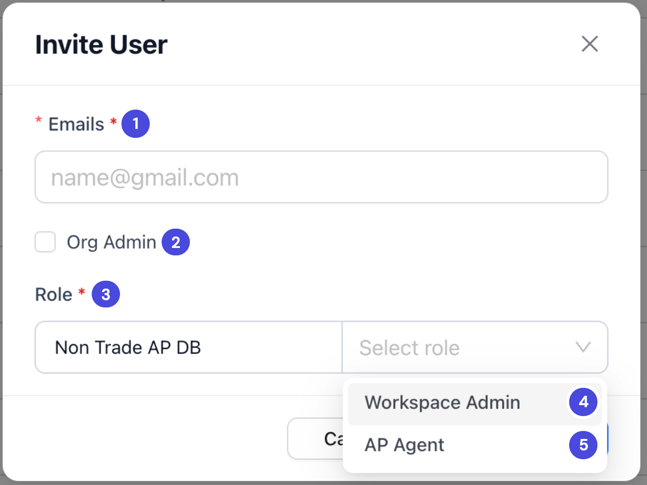 The Invite User dialog with an Emails field, an Org Admin check box, and a Role list open showing Workspace Admin and AP Agent