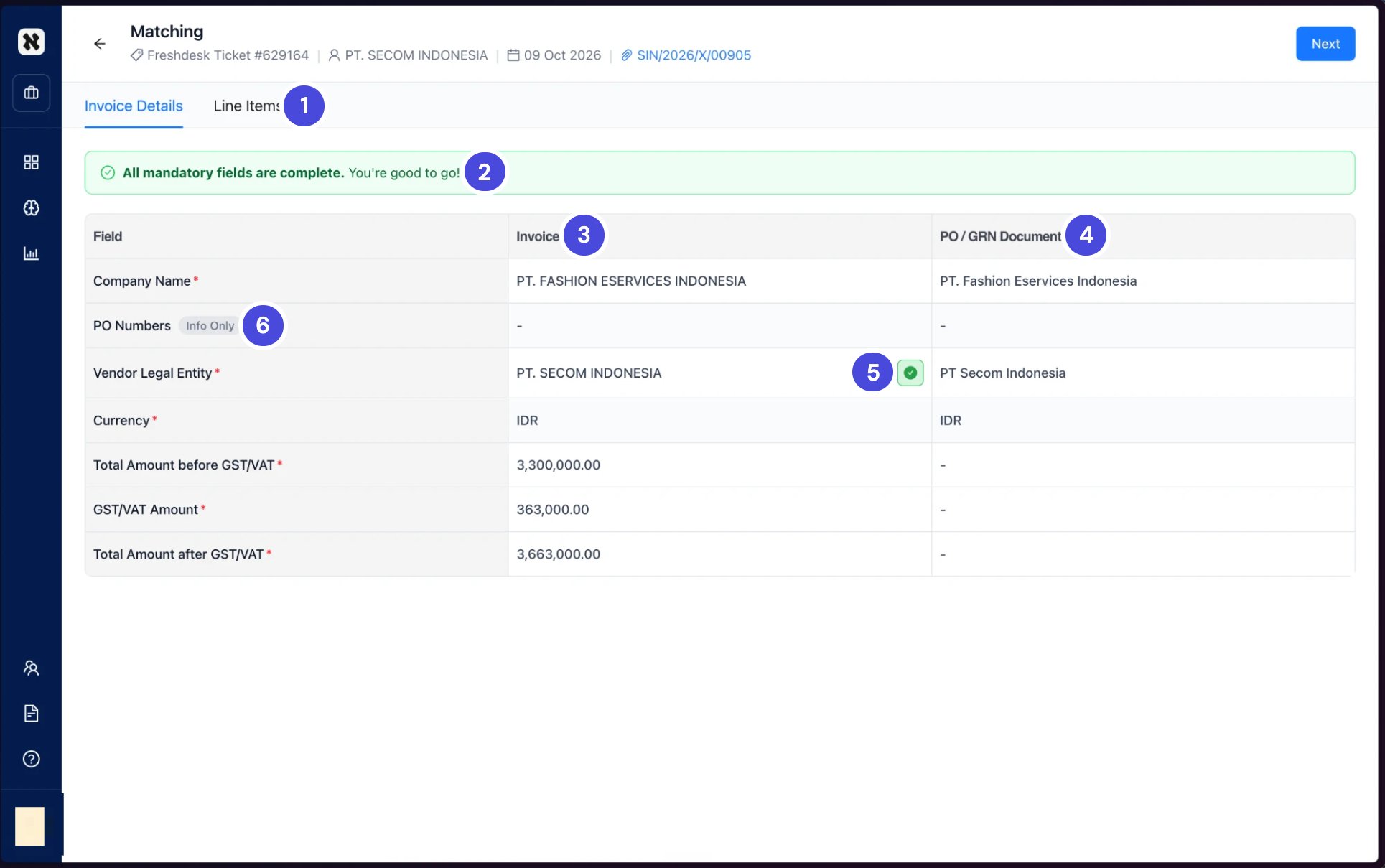 The Matching screen on the Invoice Details tab, comparing the invoice with the PO and GRN document field by field. The vendor row carries a green check mark, and a green banner says all mandatory fields are complete