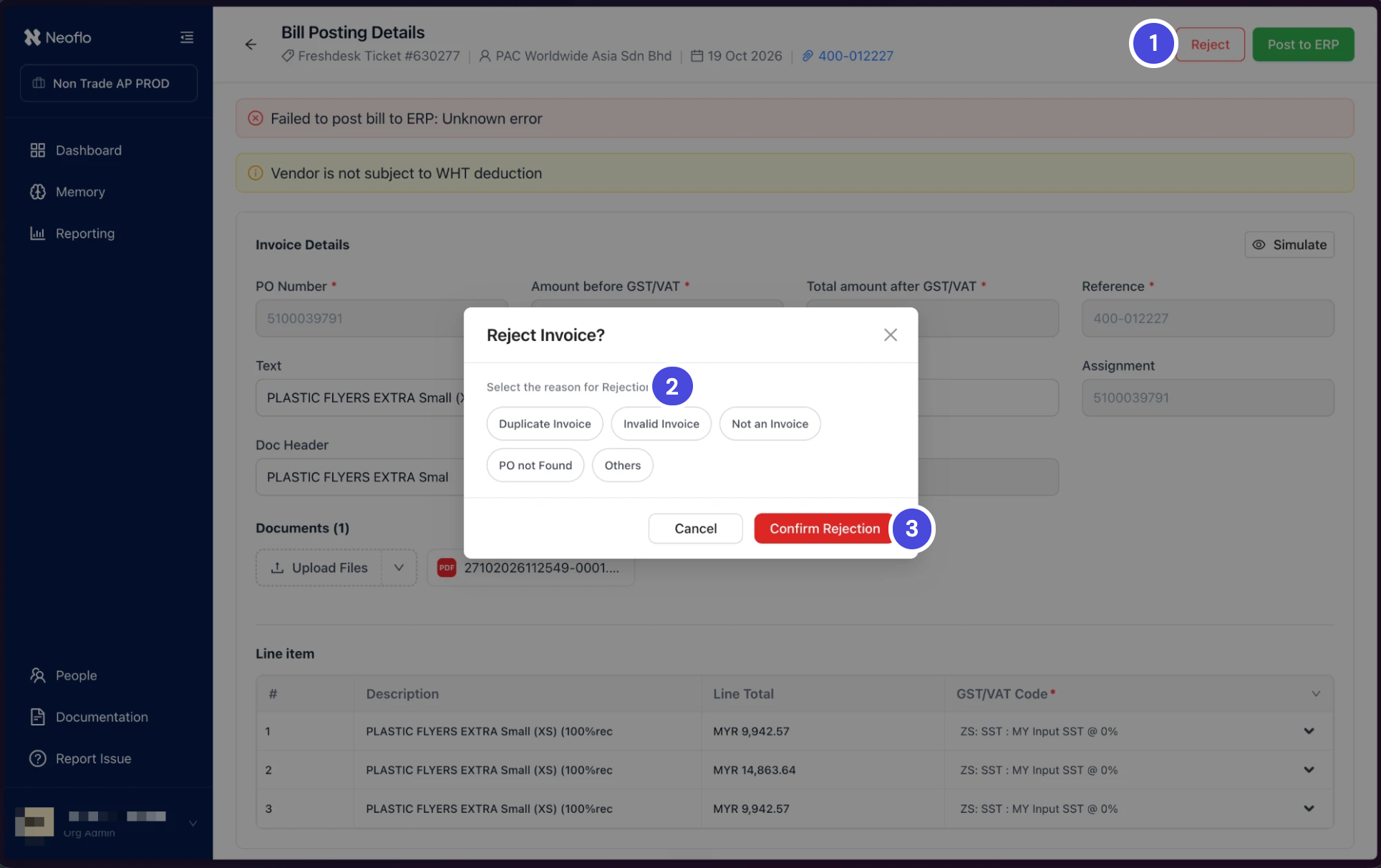 The Reject Invoice? dialog over Bill Posting Details, with five reasons to choose from: Duplicate Invoice, Invalid Invoice, Not an Invoice, PO not Found and Others, and Cancel and Confirm Rejection buttons