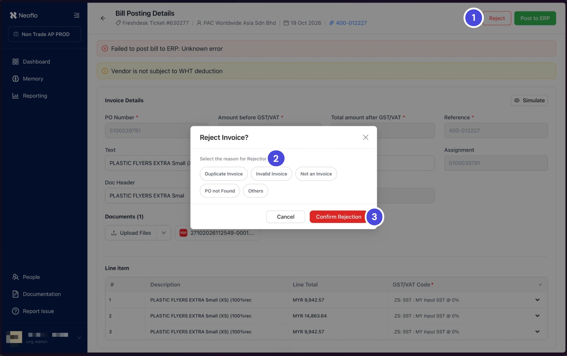 The Reject Invoice? dialog over Bill Posting Details, with five reasons to choose from: Duplicate Invoice, Invalid Invoice, Not an Invoice, PO not Found and Others, and Cancel and Confirm Rejection buttons