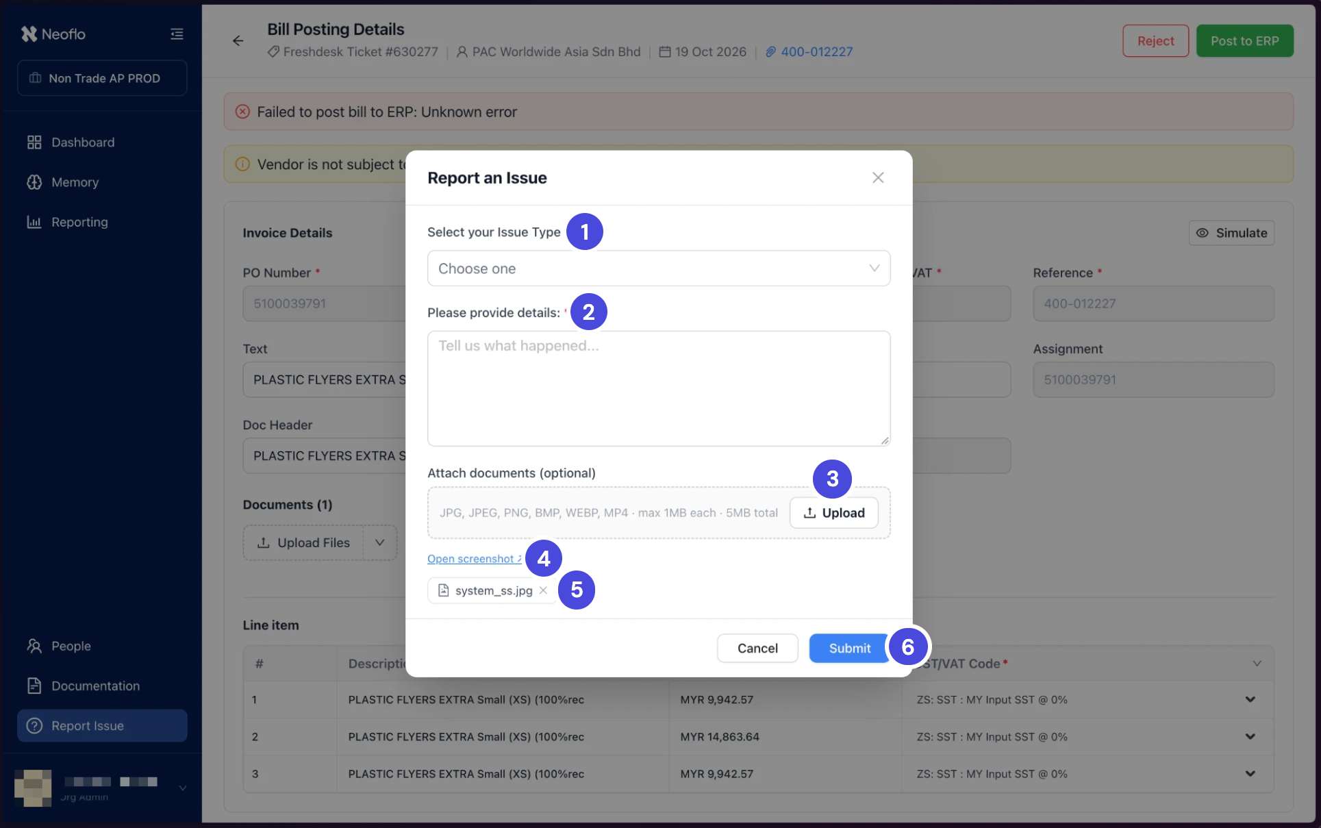The Report an Issue dialog opened over a failed posting. It has an issue type list, a details box, an upload area, an Open screenshot link with system_ss.jpg attached, and Cancel and Submit buttons