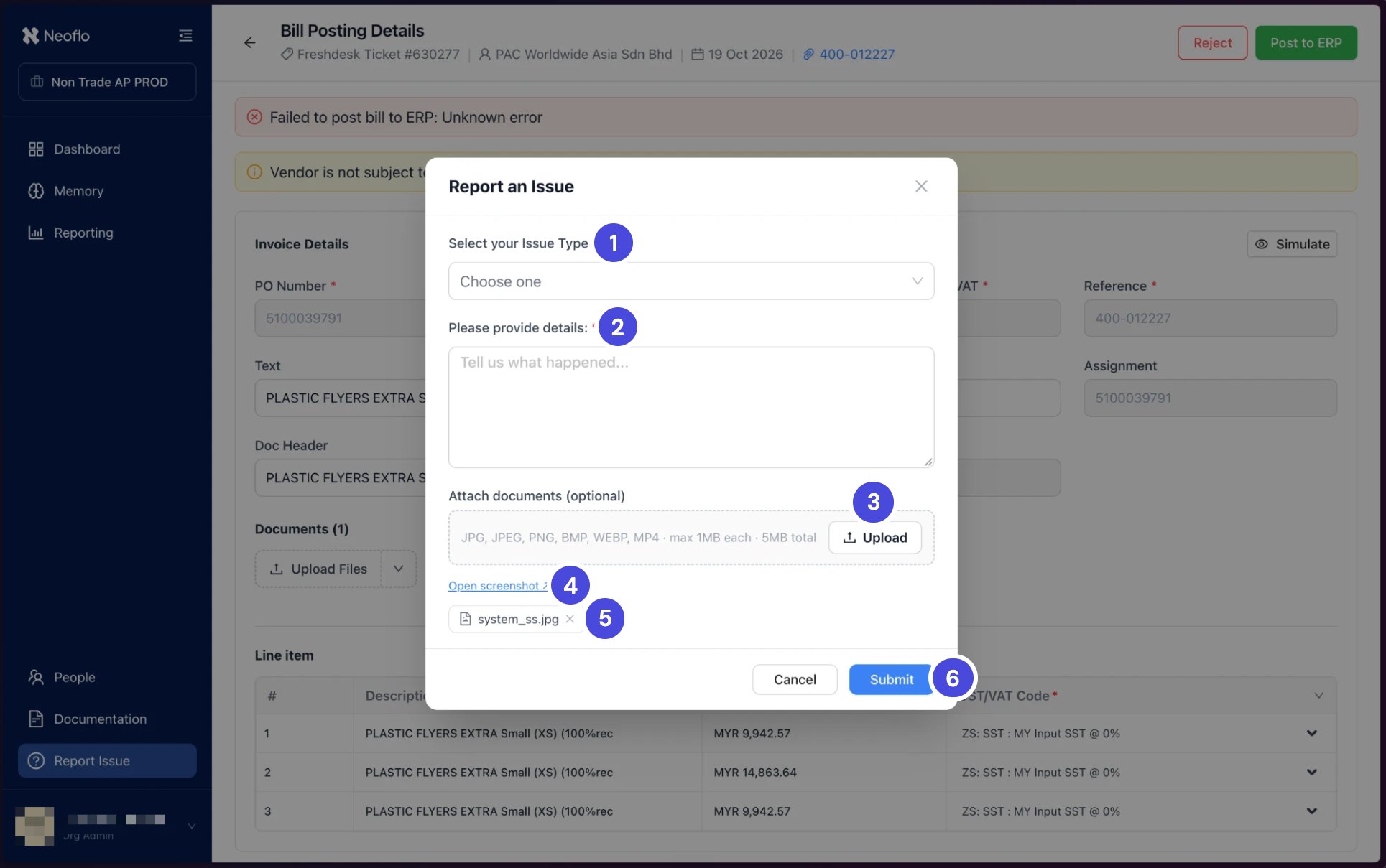 The Report an Issue dialog opened over a failed posting. It has an issue type list, a details box, an upload area, an Open screenshot link with system_ss.jpg attached, and Cancel and Submit buttons