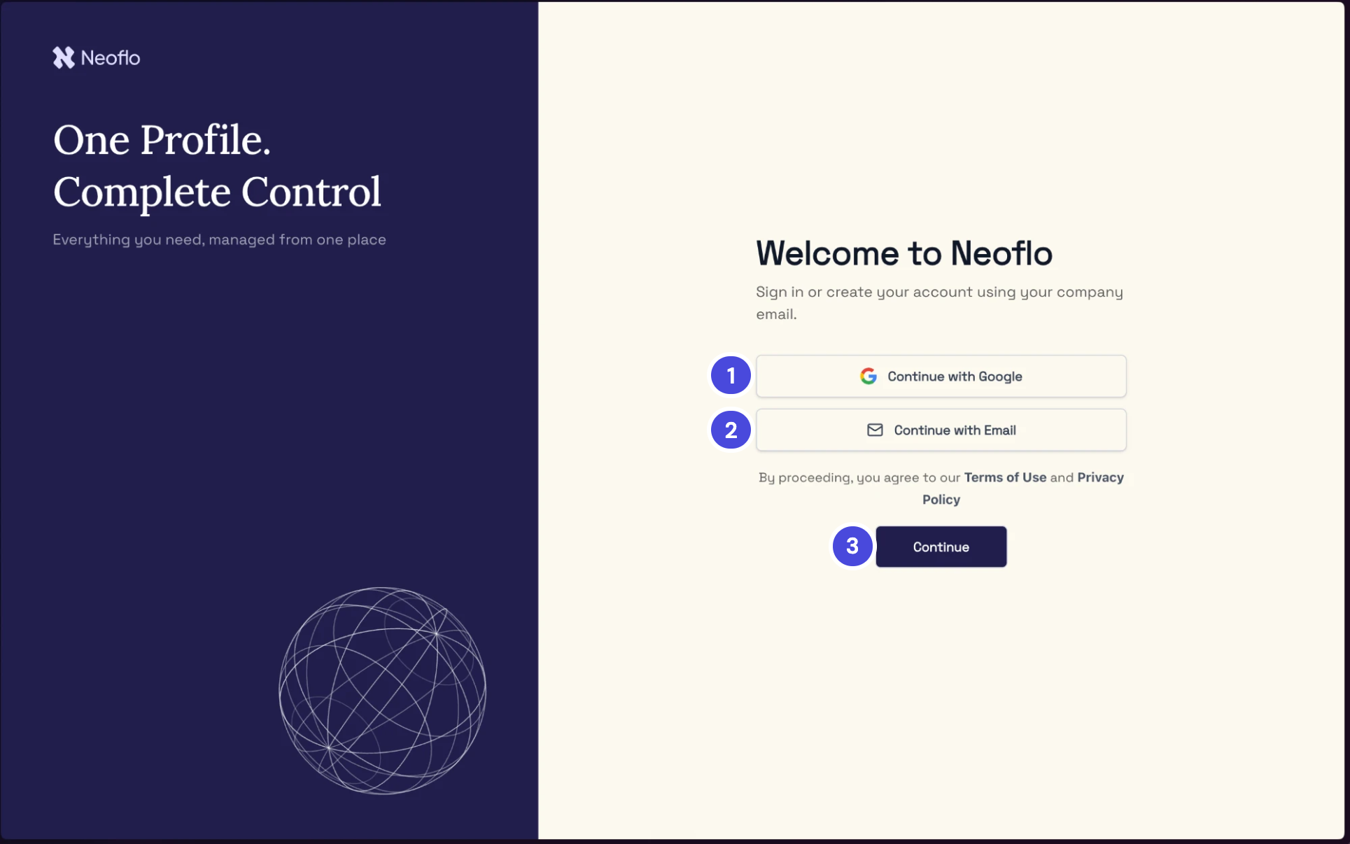 The Welcome to Neoflo page with Continue with Google, Continue with Email and Continue buttons