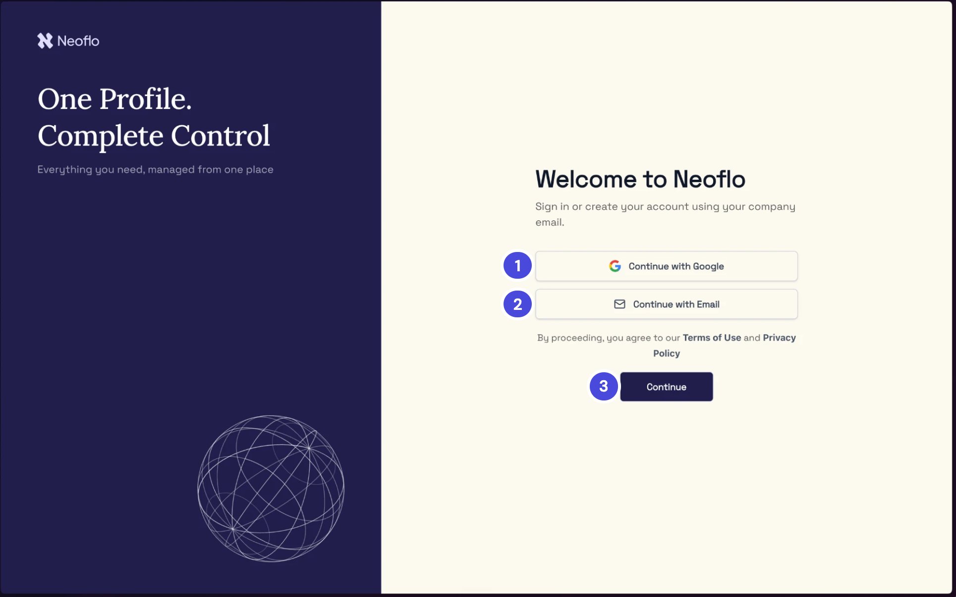 The Welcome to Neoflo page with Continue with Google, Continue with Email and Continue buttons