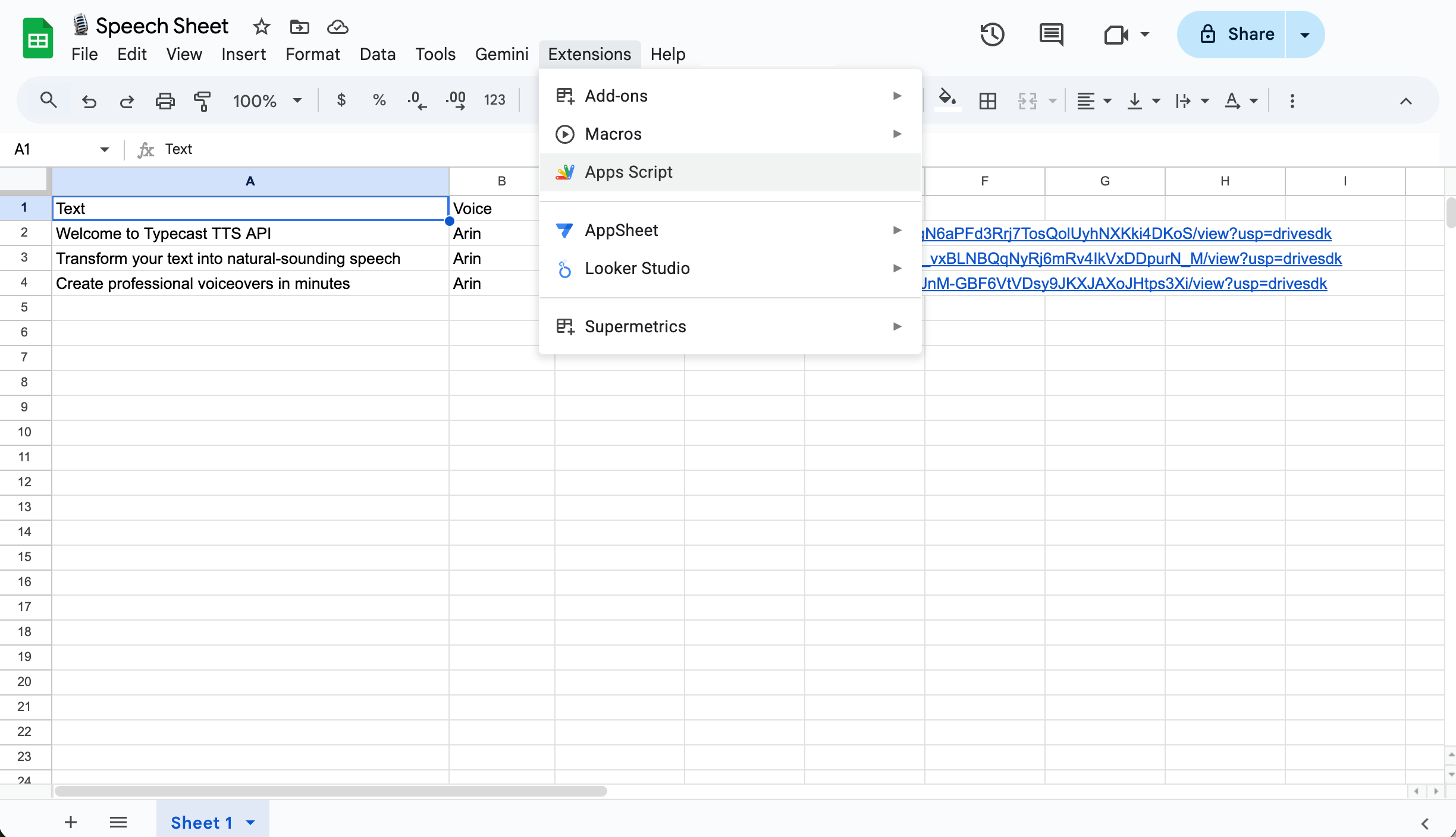 Extensions menu showing Apps Script option