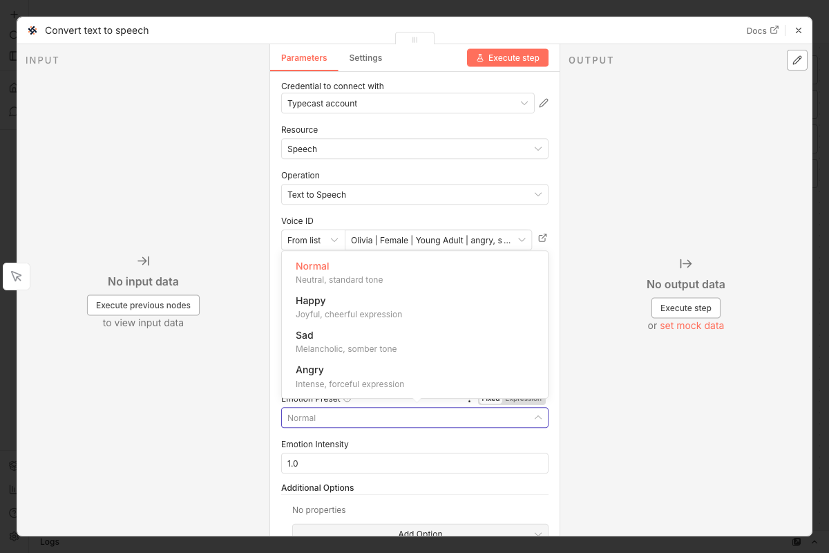 Emotion preset dropdown showing Normal, Happy, Sad, Angry options