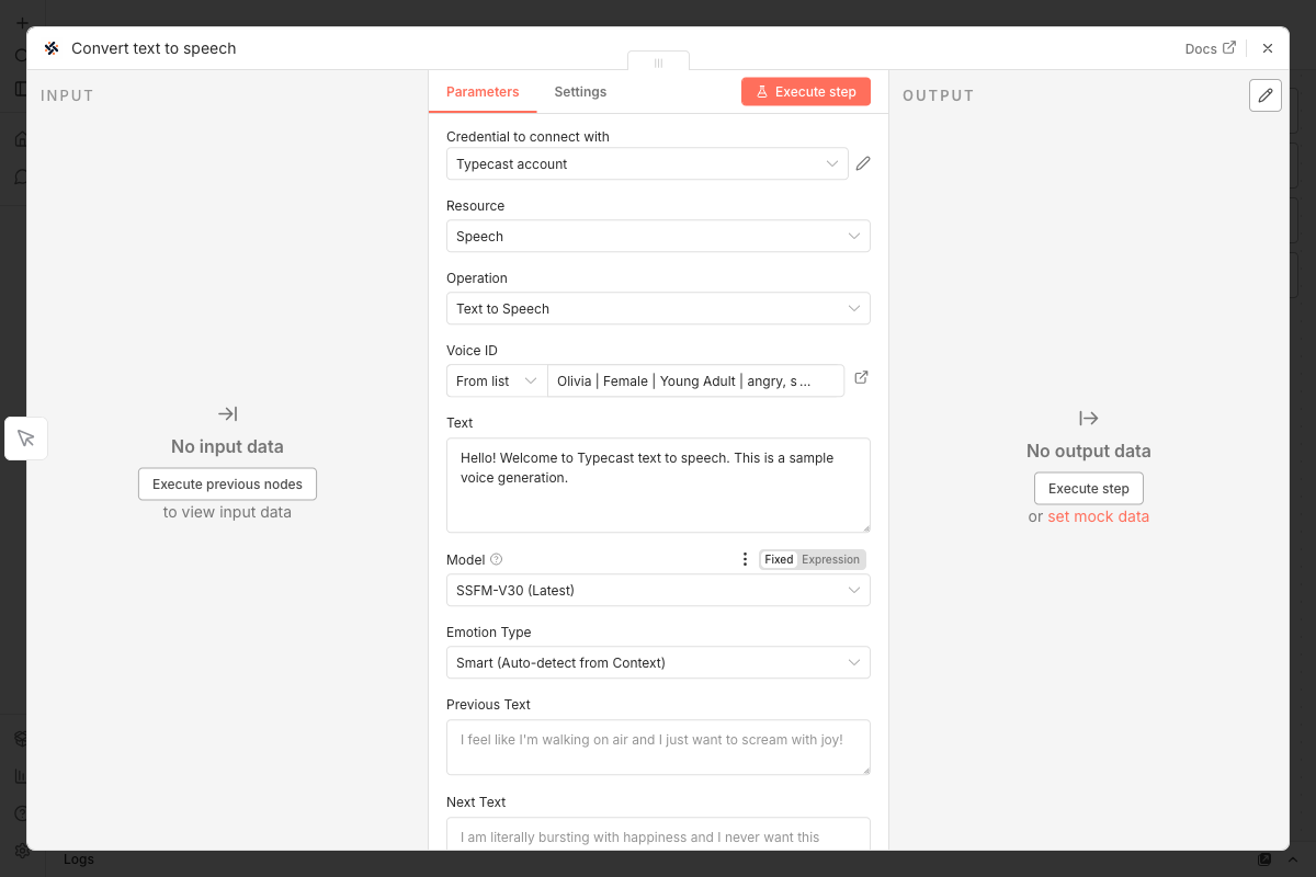 Typecast Text to Speech configured