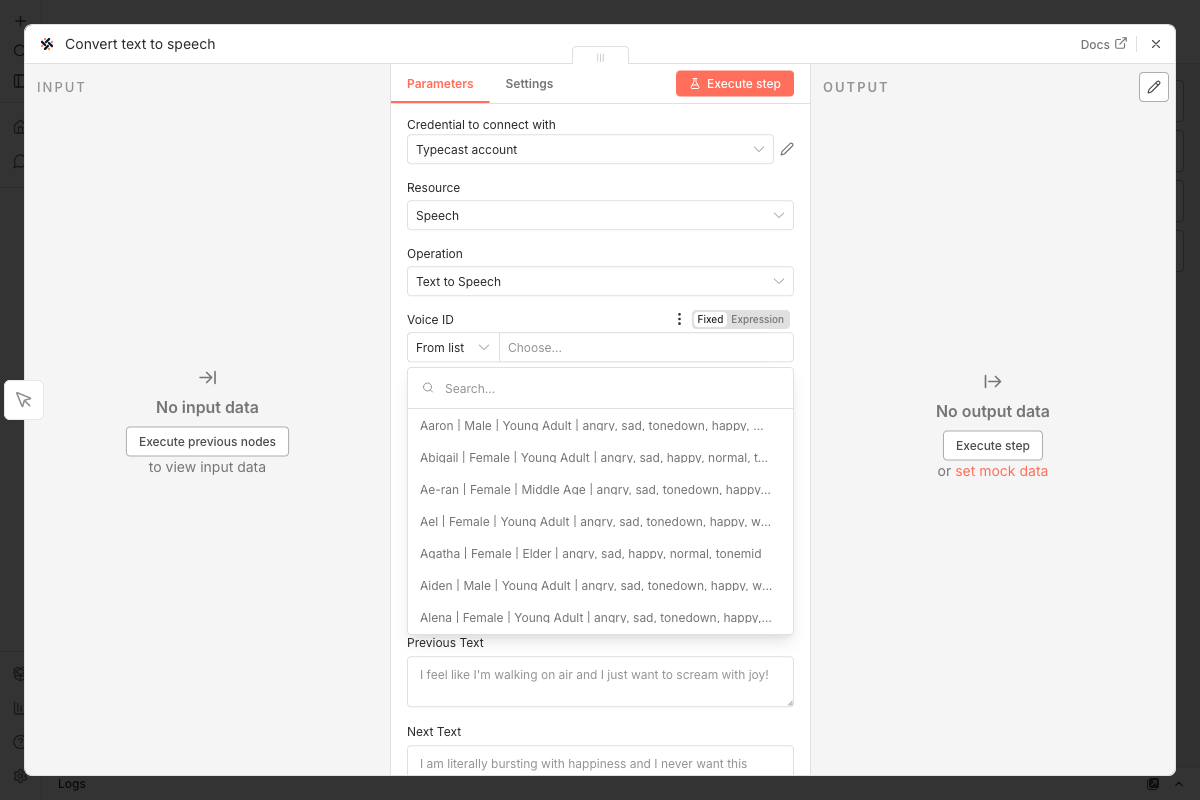 Voice ID dropdown with voice details