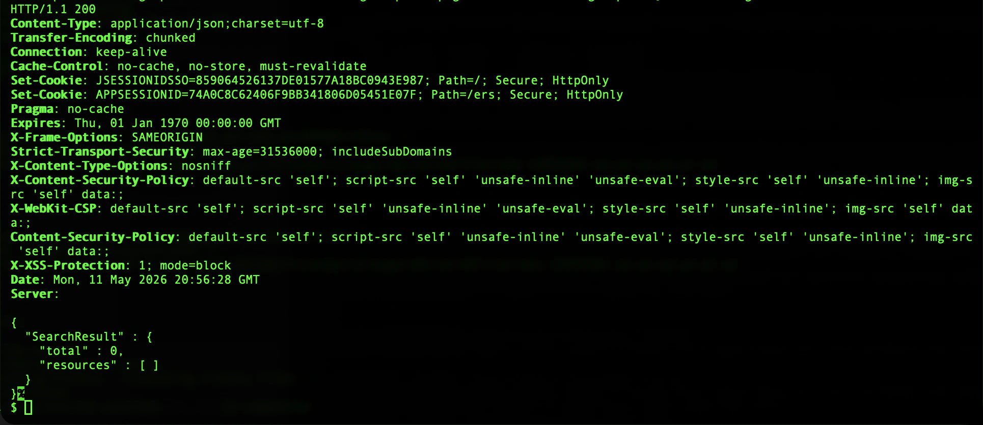Terminal output showing HTTP/1.1 200 response headers from the ERS Endpoint API, followed by a JSON body with a SearchResult containing total 0 and an empty resources array