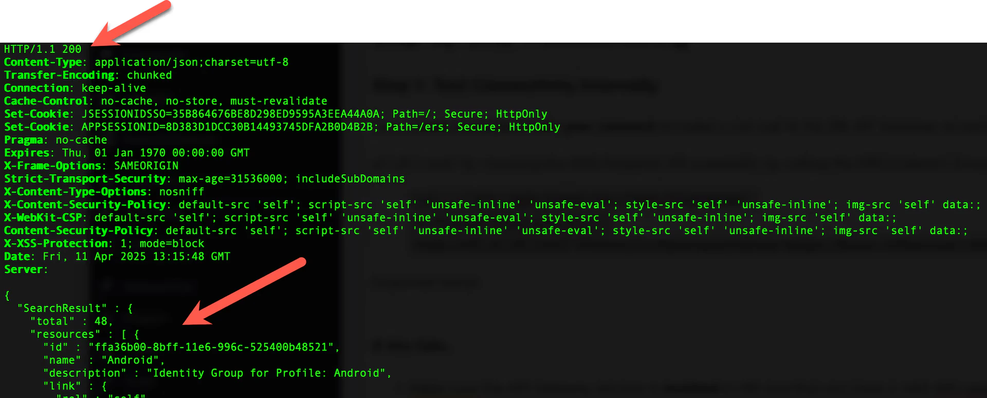 Terminal output showing HTTP/1.1 200 response headers from the ERS Endpoint API, followed by a JSON body with a SearchResult object containing resource entries for endpoint groups