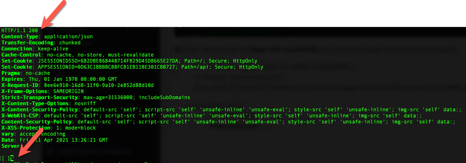 Terminal output showing HTTP/1.1 200 response headers from the Open API, followed by an empty JSON array body
