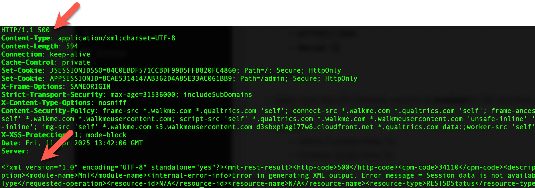 Terminal output showing HTTP/1.1 500 response headers from the Monitoring API, followed by an XML body with a no-session error message