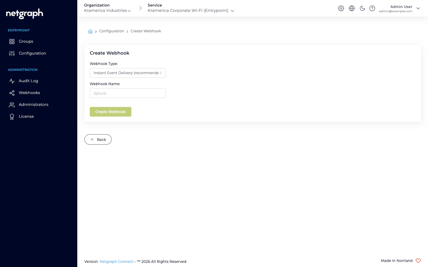 Create Webhook form