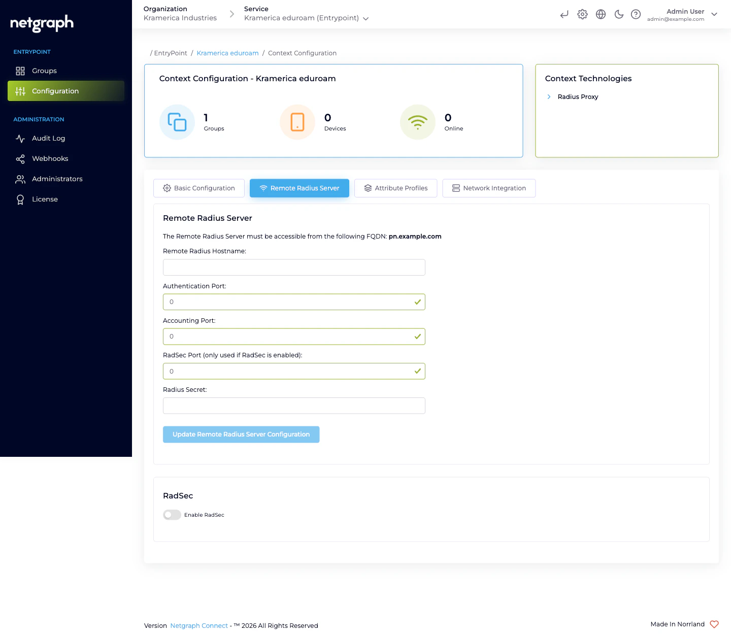 Remote Radius Server configuration form with blank hostname, authentication/accounting/RadSec port fields, Radius Secret field, and a RadSec toggle below