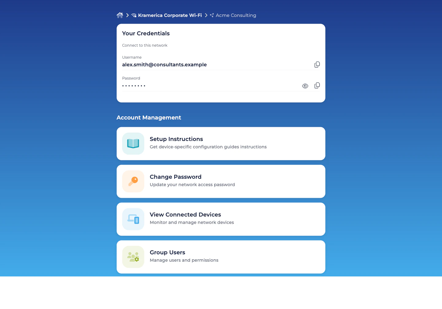 Self-Service portal Group view with Your Credentials card and Account Management cards
