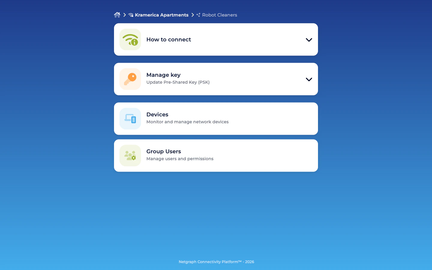 Self-Service portal Robot Cleaners Group view with How to connect, Manage key, Devices, Group Users cards