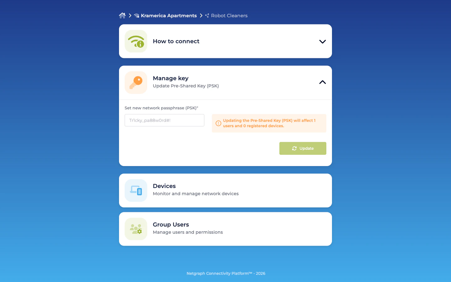 Manage key section expanded showing the new PSK input field and Update button