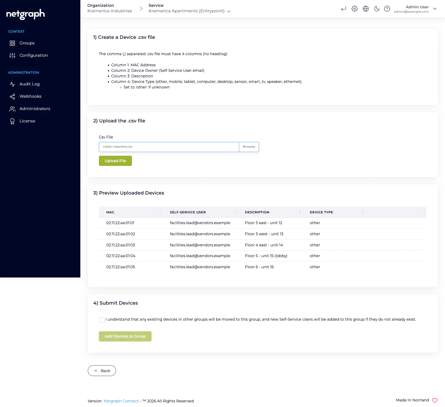Batch preview table with five device rows and the submit consent checkbox