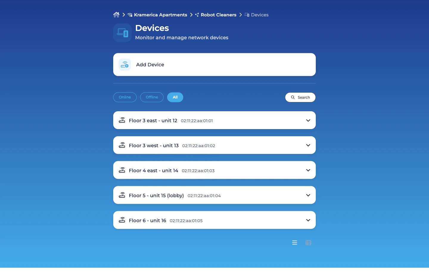 Self-Service Devices view showing five device rows with descriptions and MACs and an Add Device button