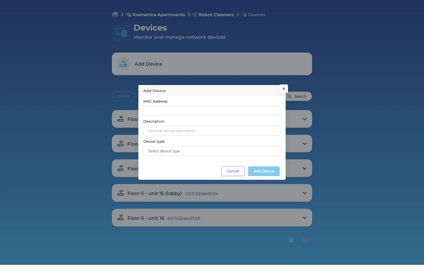 Add Device modal dialog with MAC Address textbox, Description textbox with 'Optional device description' placeholder, and Device type combobox