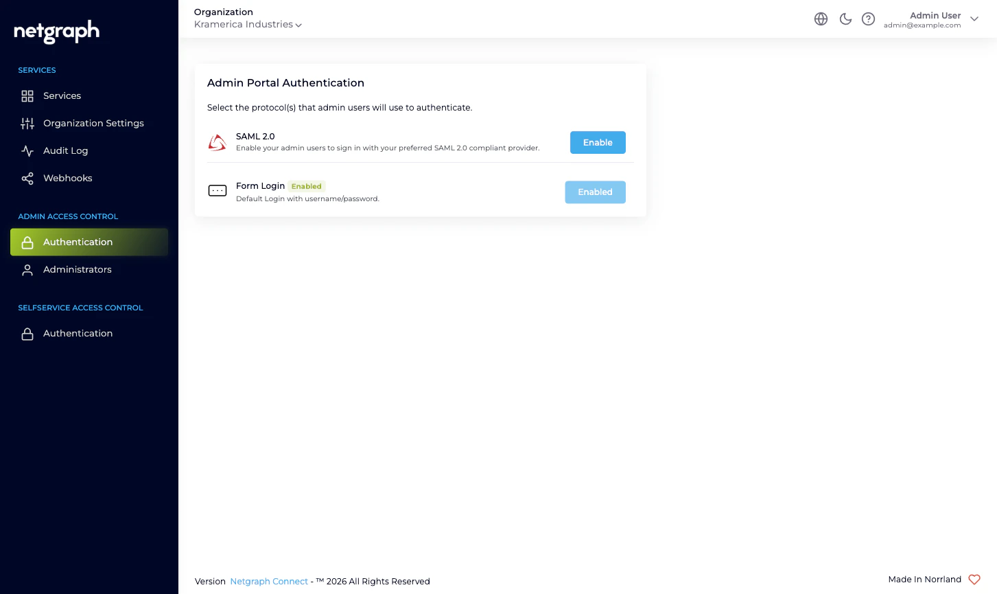 Admin Portal Authentication page with two cards: SAML 2.0 (Enable button) and Form Login (Enabled, button disabled)
