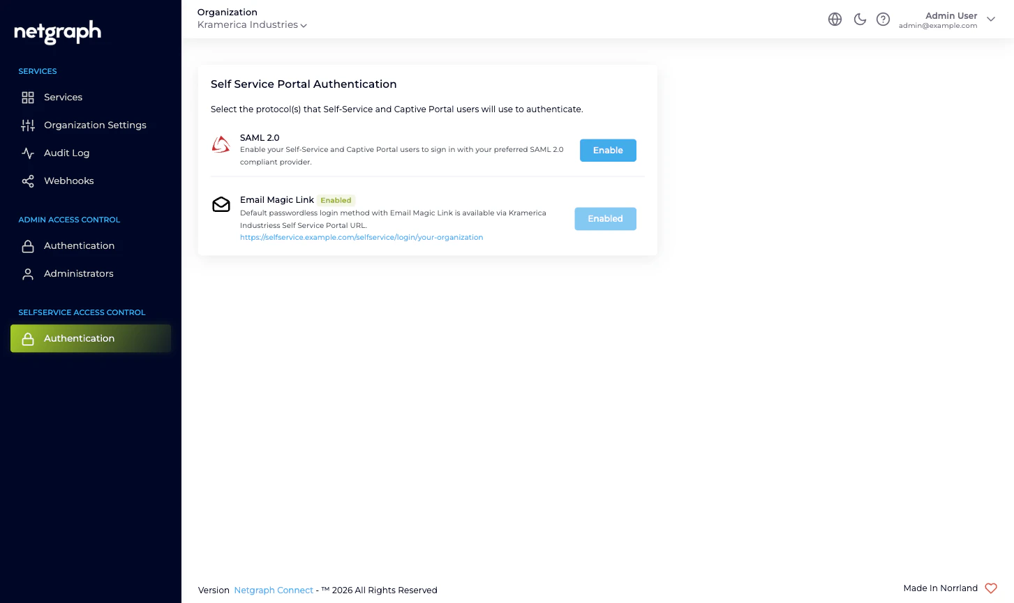 Self Service Portal Authentication page with two cards: SAML 2.0 (Enable button) and Email Magic Link (Enabled, button disabled)