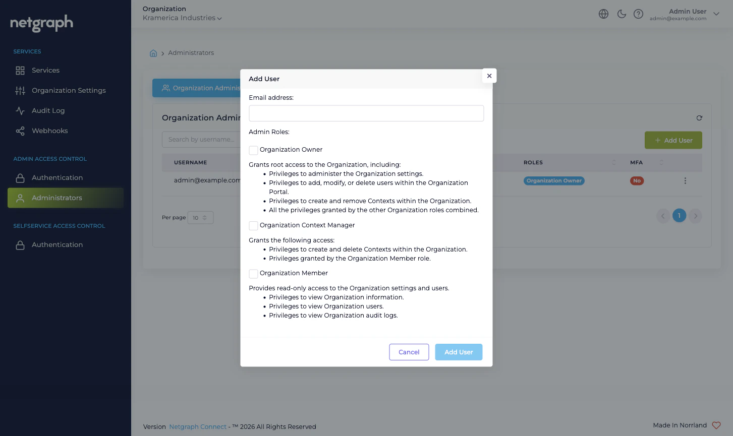 Add User modal with three role checkboxes — Organization Owner, Organization Context Manager, Organization Member — each with descriptive text below the label