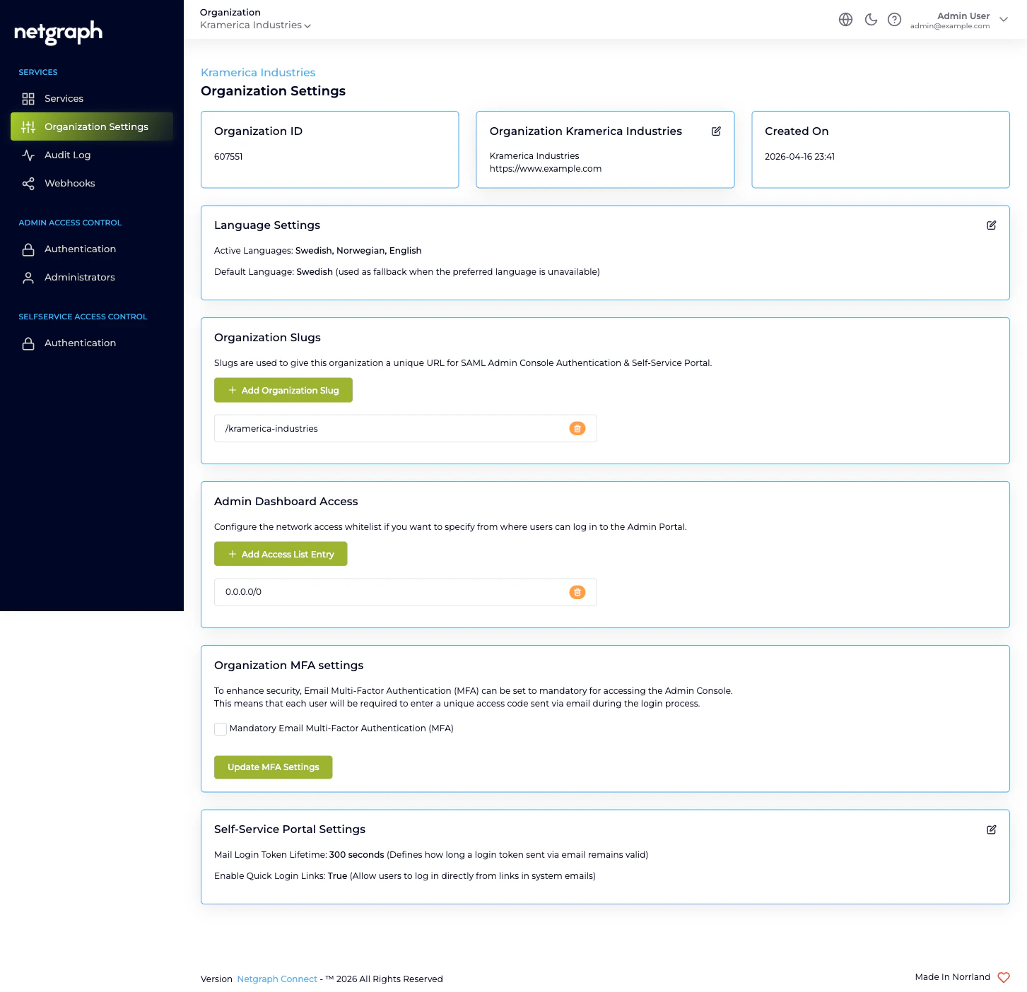 Organization MFA settings card with Mandatory Email MFA checkbox and Update MFA Settings button, plus Self-Service Portal Settings showing Mail Login Token Lifetime 300 seconds and Enable Quick Login Links True