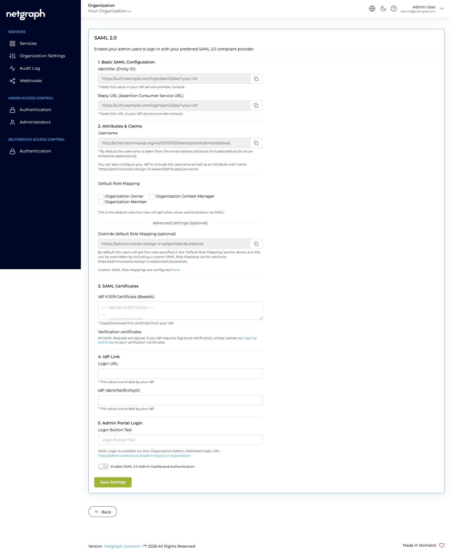 SAML 2.0 configuration page with Basic SAML Configuration, Attributes & Claims, Default Role Mapping, SAML Certificates, IdP Link, and Admin Portal Login sections