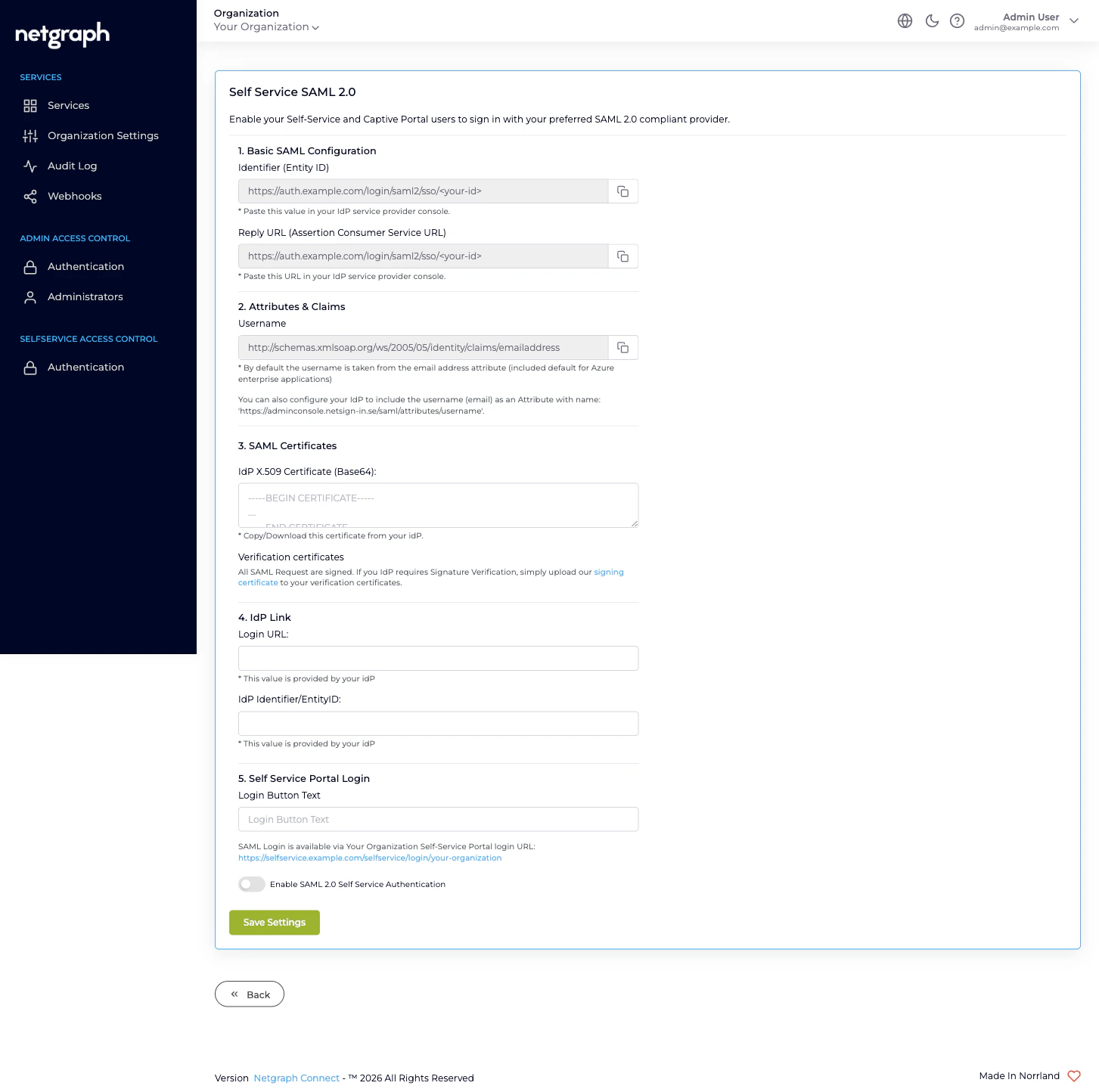Self Service SAML 2.0 configuration page with Basic SAML Configuration, Attributes & Claims, SAML Certificates, IdP Link, and Self Service Portal Login sections