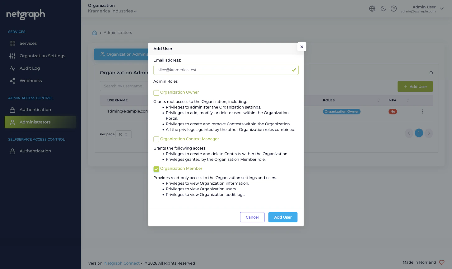 Add User modal with email field filled and one role checkbox ticked